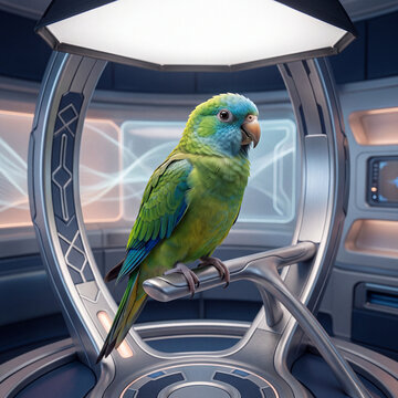 Colorful Parrot Inside Futuristic Spacecraft Cockpit.