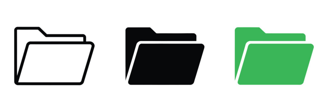 Folder icon featuring open and closed file folders in outline, solid, and layered designs, vector, design