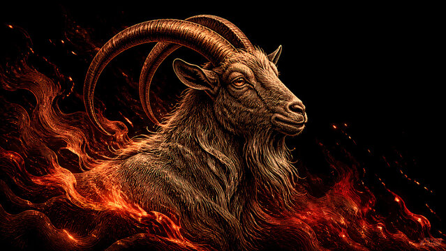 Intricate copper etching of a goat with fiery elements showcasing impressive details and craftsmanship.