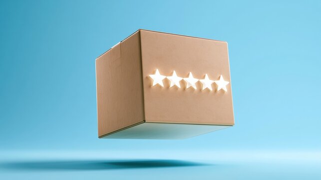 A glowing five-star rating hovers above a generic product box in a bright setting, showing trust and quality for consumers.