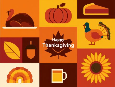 Happy Thanksgiving celebration graphic with autumn themed illustrations and icons