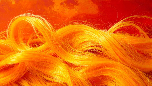 Detailed texture of wavy female red hair illuminated by intense golden light creating an abstract creative pattern for hair salon advertising template