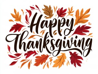 Fototapeta premium Happy Thanksgiving decorative text with autumn leaves design illustration