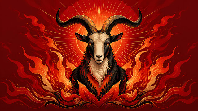 Fiery goat illustration with vibrant flames and striking red background. Goat symbolizes power and determination surrounded by blazing fire and radiant light. Concept fiery goat for zodiac, astrology,