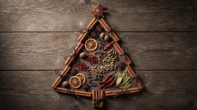 Christmas tree made of spices and cinnamon sticks