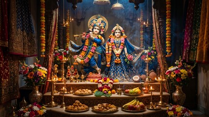 Obraz premium Sacred Radha Krishna Altar Puja with Flowers and Diyas