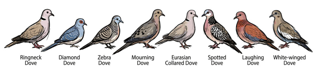 Fototapeta premium Illustration showing different species of doves and pigeons with labels.