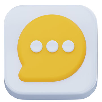 Yellow speech bubble on white square button 3D rendering for messaging app interface