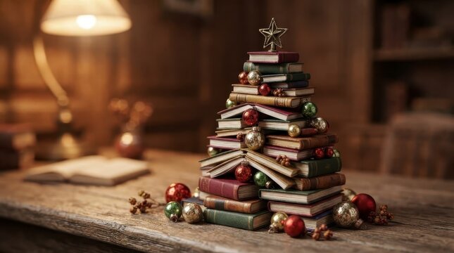Christmas tree made of books on wooden desk