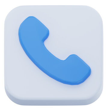 Blue phone receiver on white square button 3D rendering for contact app interface