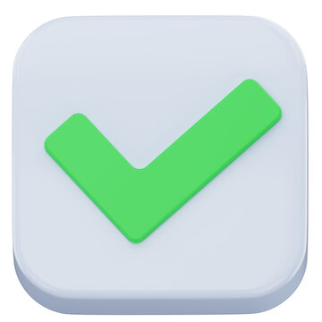 Green checkmark on white square button 3D rendering for approval UI design