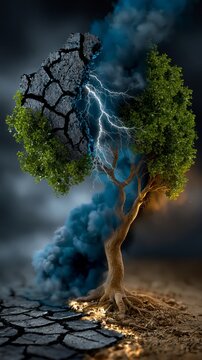 A surreal tree split between healthy green foliage and cracked dry earth with lightning striking against a cloudy background.
