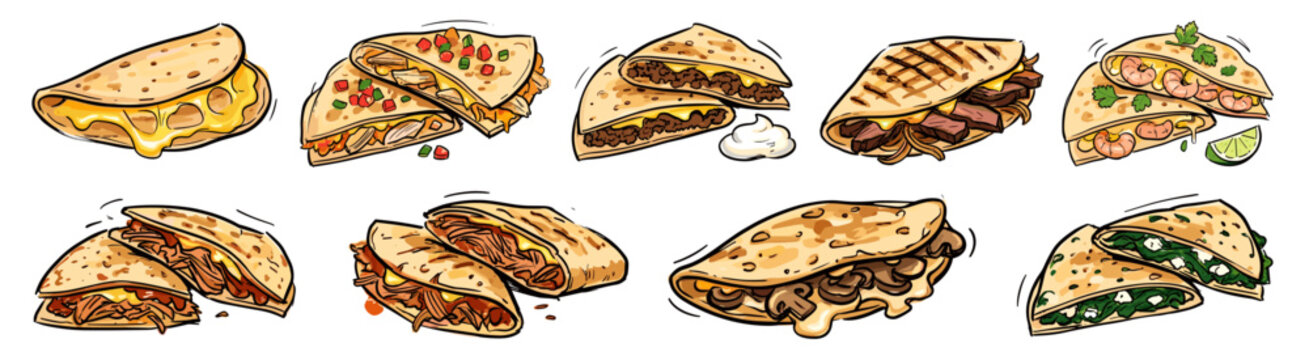 Set of hand drawn vector illustrations of various quesadillas with different fillings.