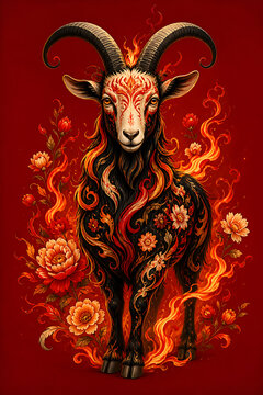 Colorful goat illustration with floral patterns and flames highlighting intricate designs. Goat is front-facing with striking features, surrounded by fiery elements and vibrant flowers.