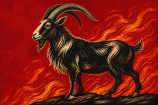 Majestic goat standing against fiery background with vibrant flames. Detailed illustration captures goat's features with striking contrasts and textures.