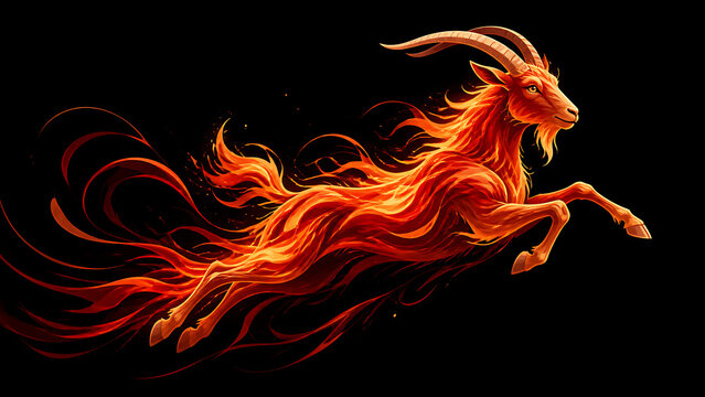 Fiery goat illustration with vibrant flames and dynamic movement, depicting a mystical creature in a dramatic pose. Stunning fiery goat design for art projects, celebrations, and creative themes.