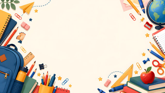 Back to school border background with colorful supplies, education banner with copy space, student stationery frame