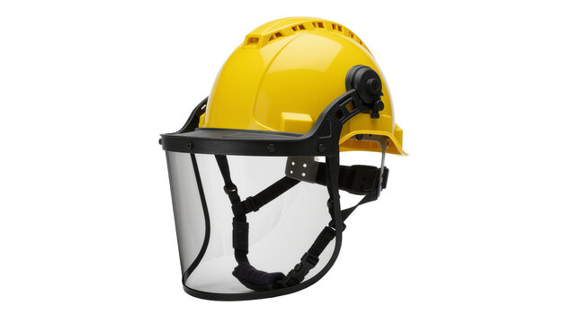 Yellow safety helmet with clear face shield, isolated on transparent background