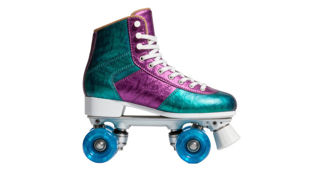 Metallic purple and teal roller skate with blue wheels, isolated on transparent background