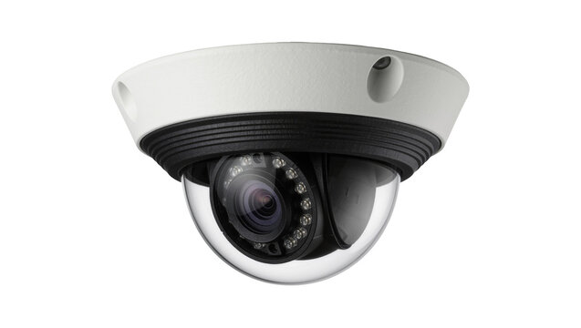 White dome security camera with infrared LEDs, isolated on transparent background