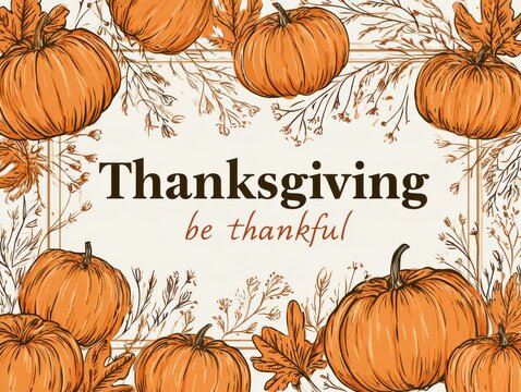 Thanksgiving illustration featuring pumpkins and autumn leaves with thankful message