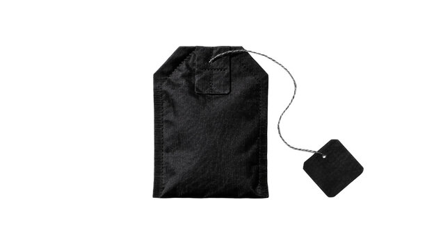 Black fabric tea bag with string and square tag, isolated on transparent background
