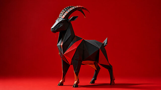 Chic goat sculpture in vibrant red showcasing intricate paper design. This striking goat sculpture stands with geometric shapes and sharp angles, creating a modern and artistic ambiance.
