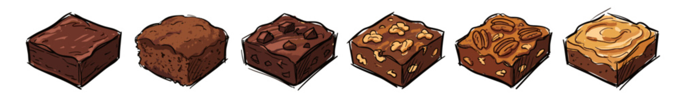A hand drawn vector illustration featuring a delicious variety of six chocolate brownies with different toppings and textures.