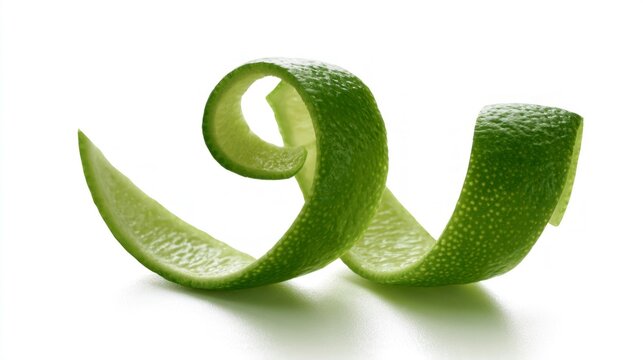 Single spiral curl of fresh green lime peel isolated on white background