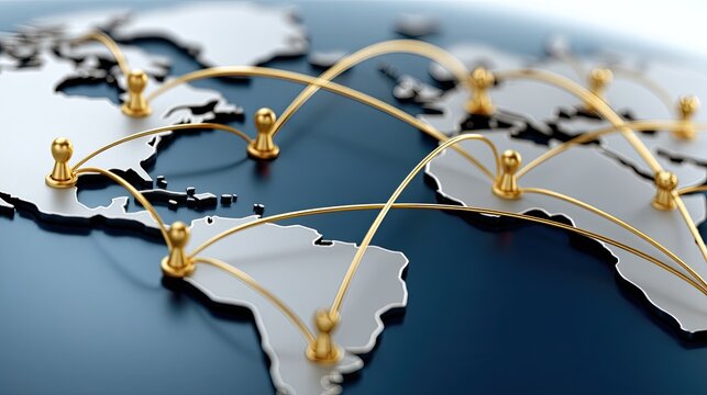 Digital map highlights key global locations with glowing points and lines, showcasing international connections and movements