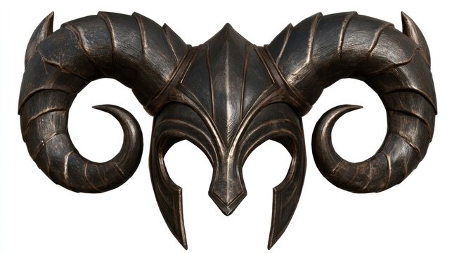 Ancient Fantasy Barbarian Helmet with Large Curved Ram Horns Isolated on White Background