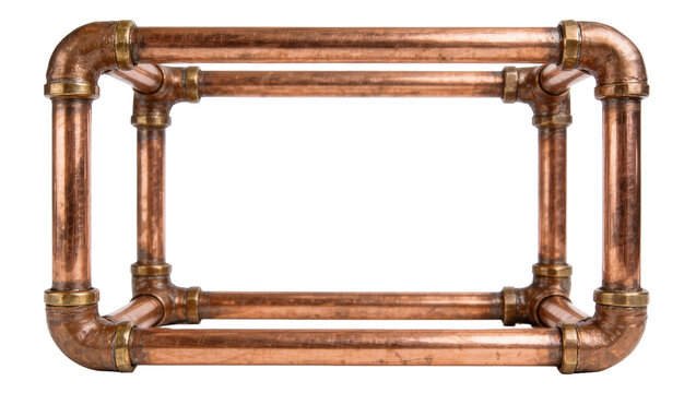 Rectangular copper pipe frame with brass fittings, isolated on transparent background