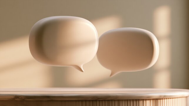 Two chat bubbles hover above a counter, illustrating communication between a buyer and a seller in a softly lit space.