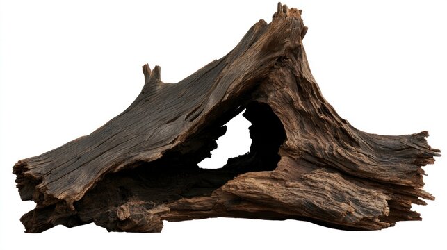 Weathered natural driftwood log with hollow center isolated on white background