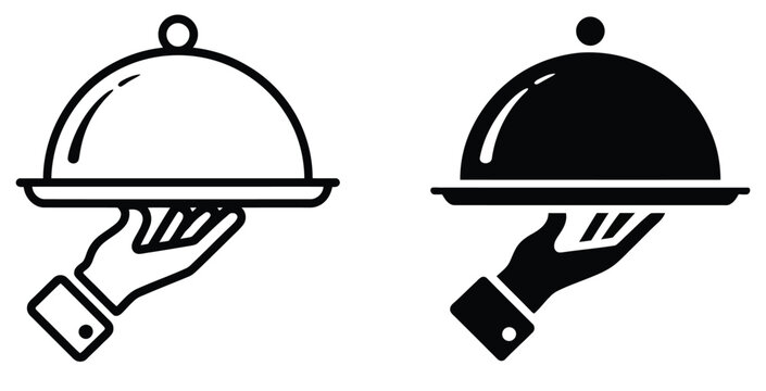 Hand holding cloche food serving tray symbol representing restaurant service, catering, hospitality, dining, and meal delivery, vector, design