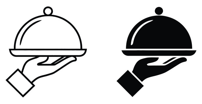 Hand holding cloche food serving tray icon for restaurant service, dining, hospitality, and meal presentation, vector, design