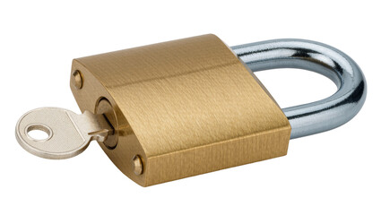 Brass padlock with silver key inserted into lock mechanism, isolated on transparent background