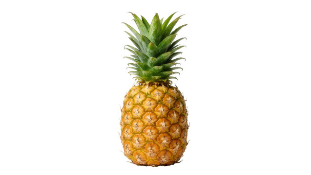 Ripe golden pineapple with green spiky leaves, isolated on transparent background