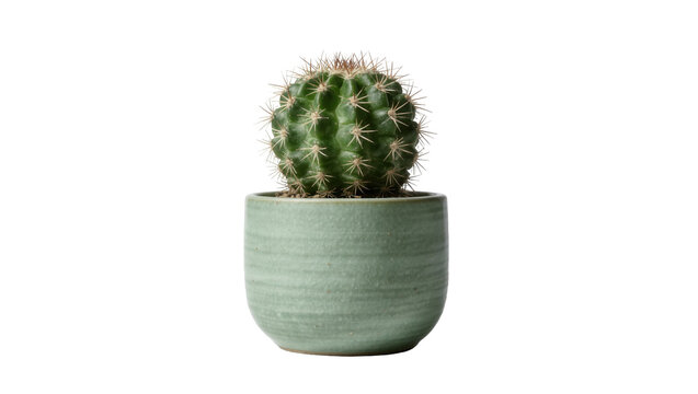 Round green cactus with sharp spines in a textured sage green pot, isolated on transparent background