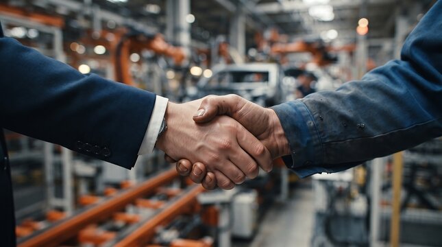 Business Handshake Inside Modern Industrial Factory, Partnership Agreement Between Engineers and Executives at Automated Manufacturing Plant with Robotic Machinery