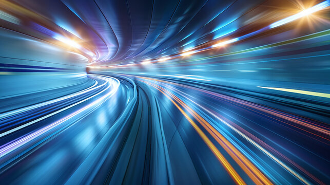 Bright blue light trails curve dynamically against the dark tunnel wall, creating a sense of incredible speed and futuristic motion blur in a digital cyberspace environment designed for high tech back