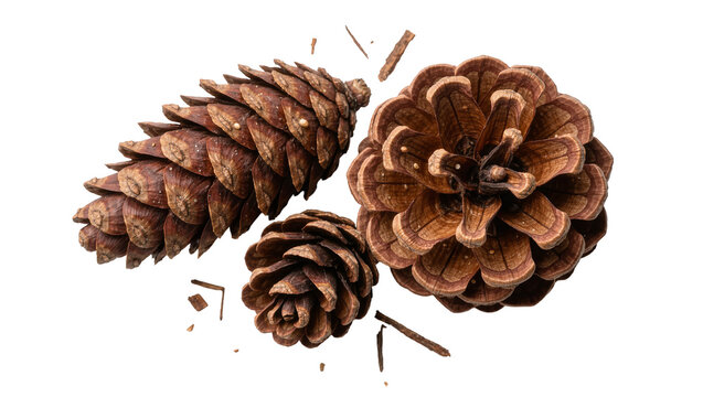 Three brown pine cones with small wood chips, isolated on transparent background