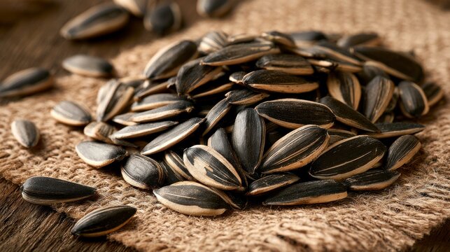 Close-up of a pile of organic striped sunflower seeds on a rustic burlap cloth and wooden background