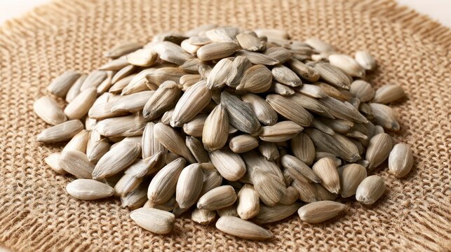 Heap of hulled sunflower seeds on a rustic burlap cloth background