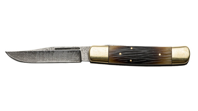 Antique folding pocket knife with brass bolsters and horn handle, isolated on transparent background
