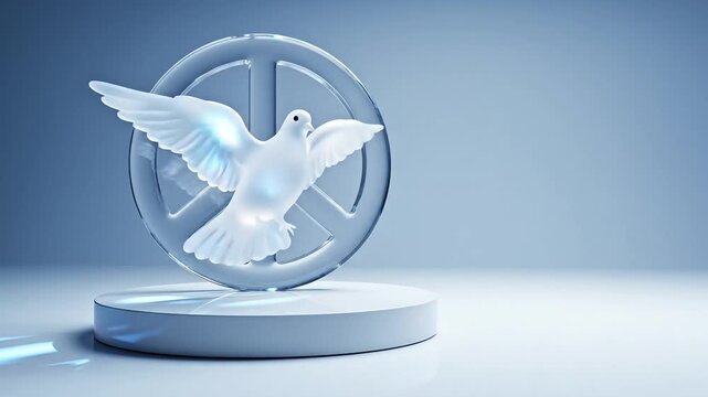 White dove of peace flying in front of glass peace symbol, crystal bird on podium, spiritual hope and global harmony concept