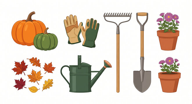 A set of gardening tools including a rake, shovel, gloves, and watering can is displayed.
