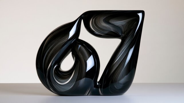 Modern Abstract Glass Sculpture with Elegant Black and White Swirl Pattern
