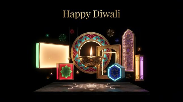 Happy diwali greeting card design with glowing oil lamps and traditional indian festive decorations on black background
