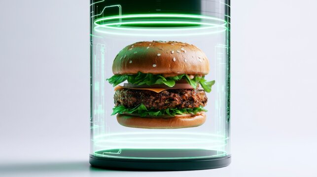 Futuristic lab-grown gourmet burger floating in a high-tech holographic glass cylinder, representing the future of food technology.